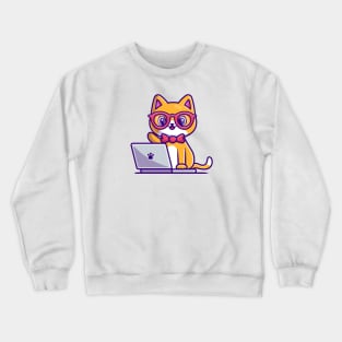 Cute Cat Working On Laptop Cartoon Crewneck Sweatshirt